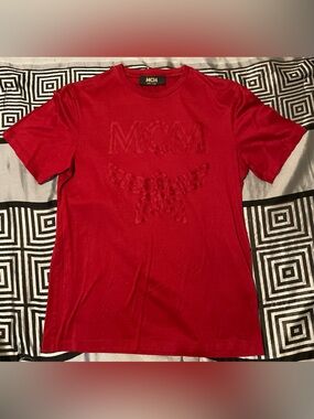 MCM Men's Red Tone on Tone Embossed Logo Short Sleeve Tee